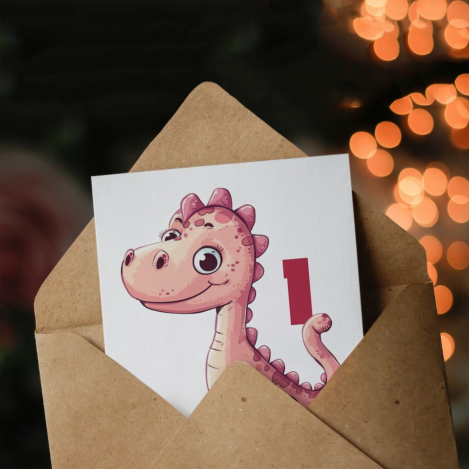 image 1 of 1st Cute Pink Baby Dinosaur Cartoon Kids Age 1 Year Old Child Birthday Card