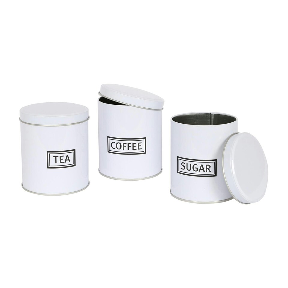 image 1 of Harbour Housewares 3pc Round Metal Tea Coffee Sugar Canister Set - White - Kitchen Caddy Kitchen Storage Containers Canisters