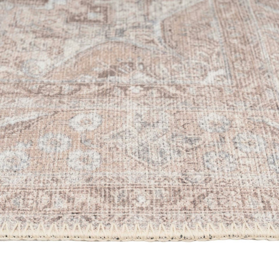 image 1 of KUKOON Neutral Beige Distressed Traditional Medallion Non Slip Washable Low Pile Rug 80cm x 150cm