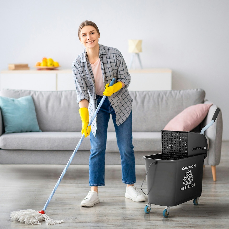 image 1 of HOMCOM 20L Compact Mop Bucket with Wringer and Handle, Mop Bucket on Wheels for Floor Cleaning, Separate Dirty and Clean Water, for Home, Flat, Blue