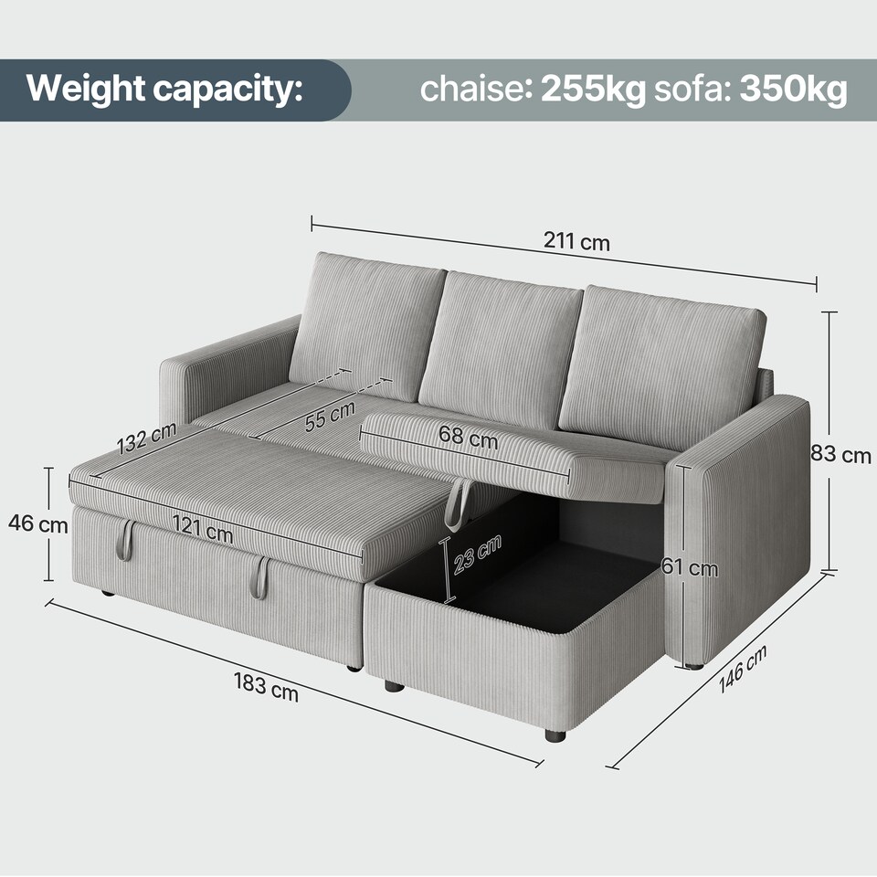 image 1 of Yaheetech 3 Seater Convertible Sectional Sofa with Reversible Chaise, Pull-Out Sleeper Bed and Storage Compartment, L-Shaped Couch, Light Grey