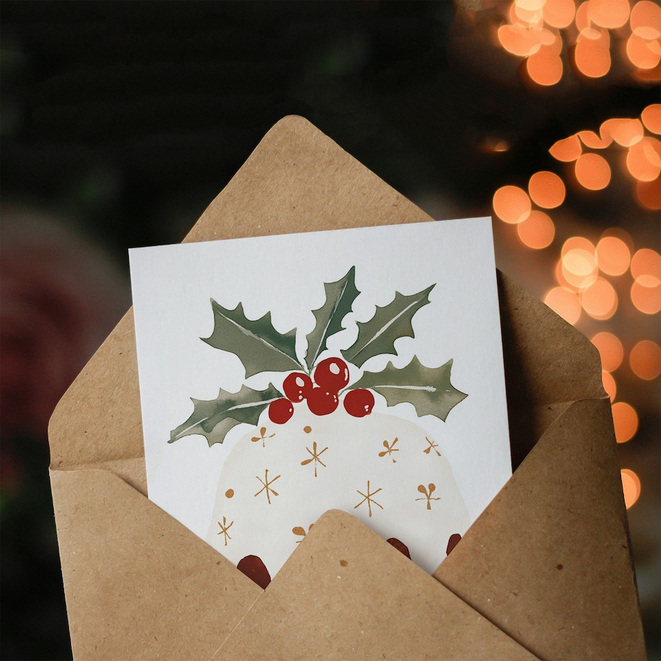 image 1 of Cake Holly Leaf Icing Bright Festive Pudding For Mum Christmas Card