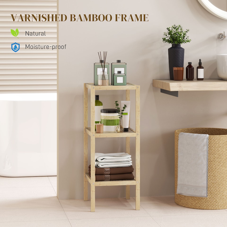 image 1 of HOMCOM 3-Tier Bamboo Bathroom Storage Shelves, Freestanding Storage Shelving Unit, Multifunctional Display Plants Stand Shelf Rack Organiser, Natural | Brown | Natural wood finish