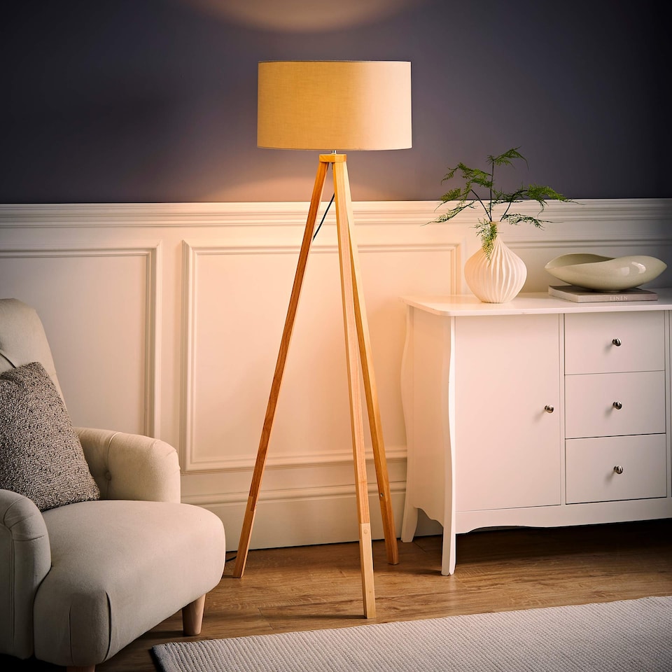 image 1 of ValueLights Barbro Wood Tripod Floor Light Lamp Natural Shade | Cream