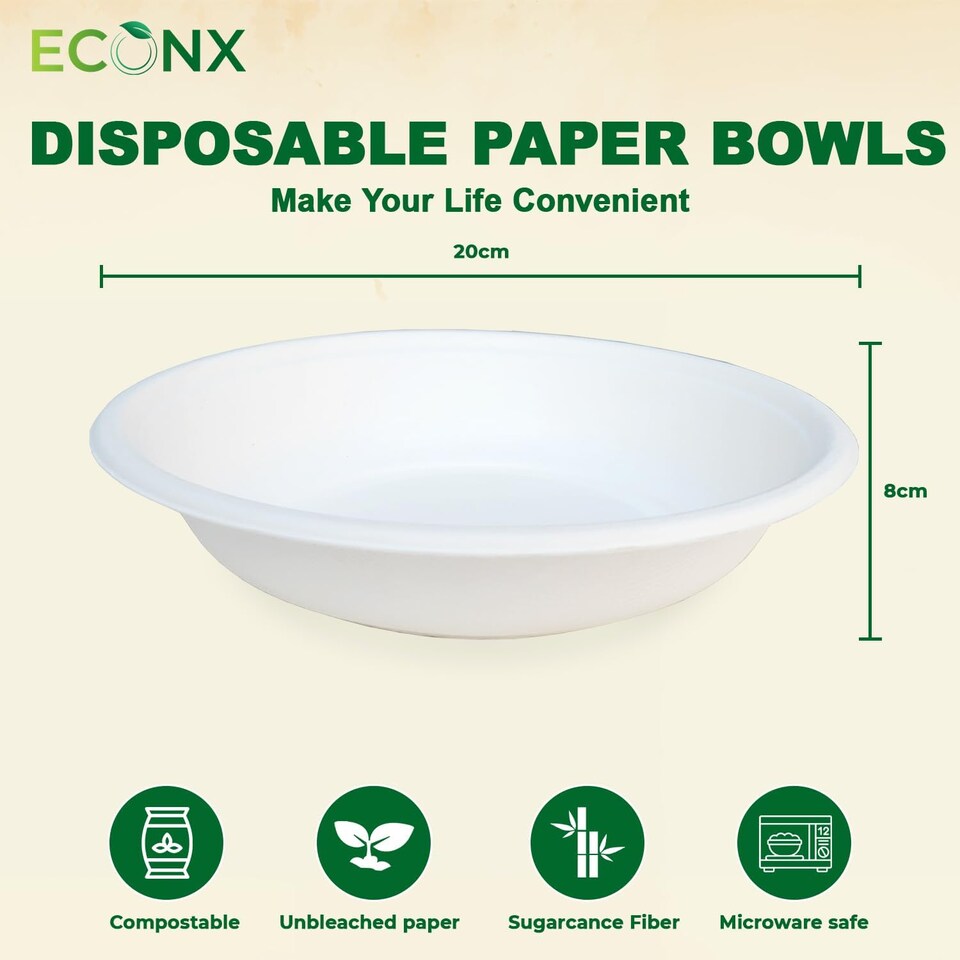 image 1 of ECONX 25Pcs Biodegradable Bagasse Bowls 24oz White Sugarcane Disposable Bowl