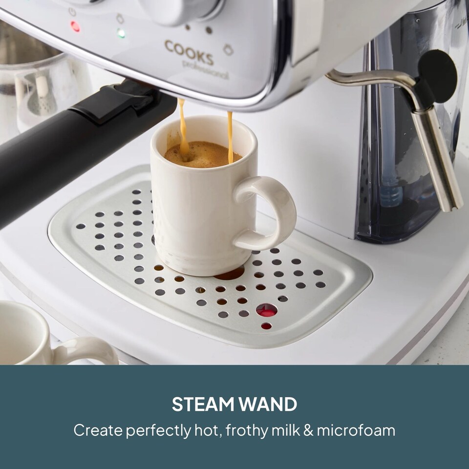 image 1 of Cooks Professional 15-Bar Retro Espresso Coffee Machine 1.2L with Frothing Steam Wand | White | White & Silver