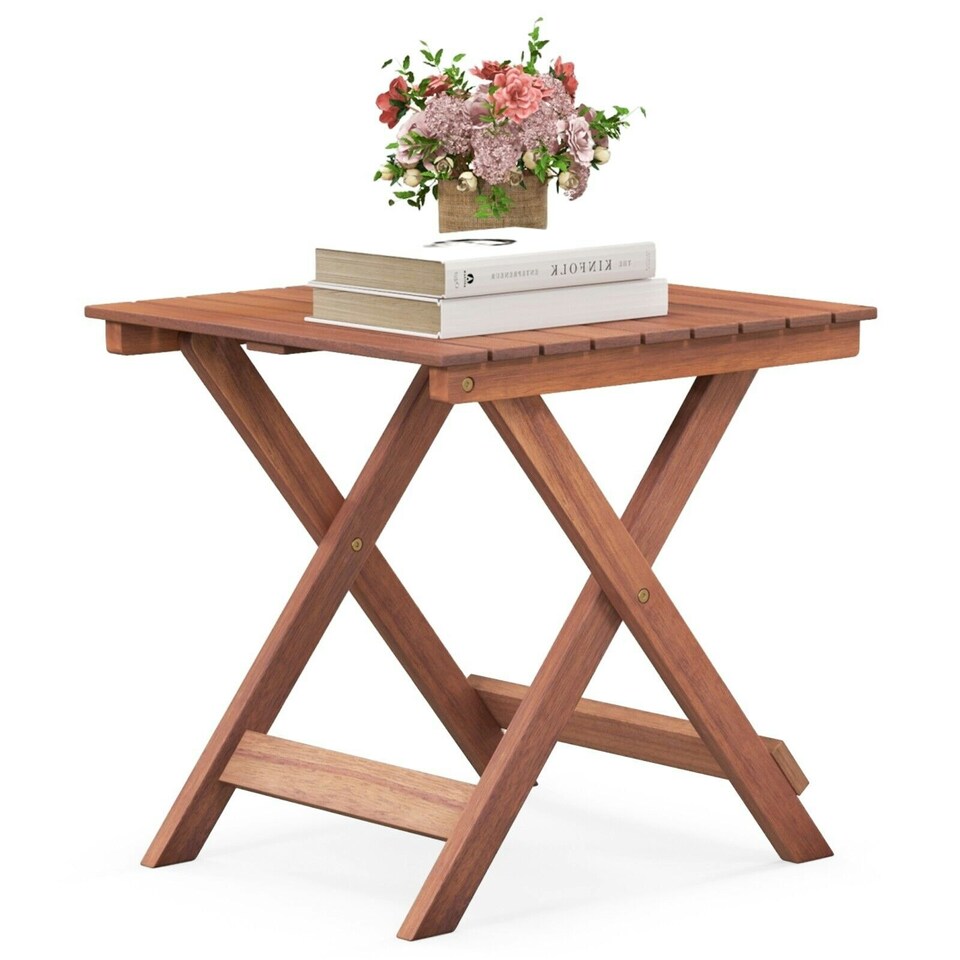 image 1 of COSTWAY Wooden Side Table Folding End Table Slatted Tabletop Brown