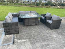 Fimous 8 Seater Outdoor Rattan Garden Furniture Gas Fire Pit Table Sets Gas Heater Lounge Chairs Side Coffee Tea Table Dark Grey