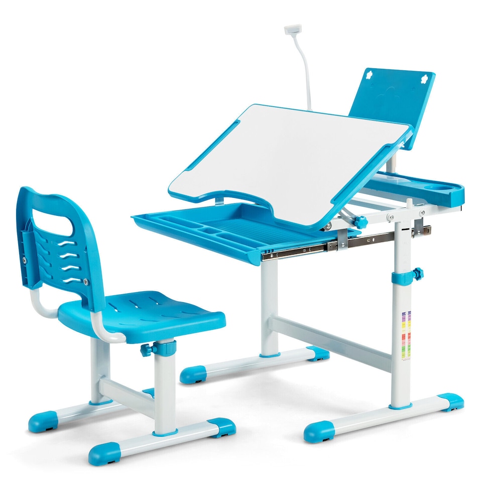 image 1 of COSTWAY Kids Desk and Chair Set Height Adjustable Kids Study Table and Chair Set-Blue