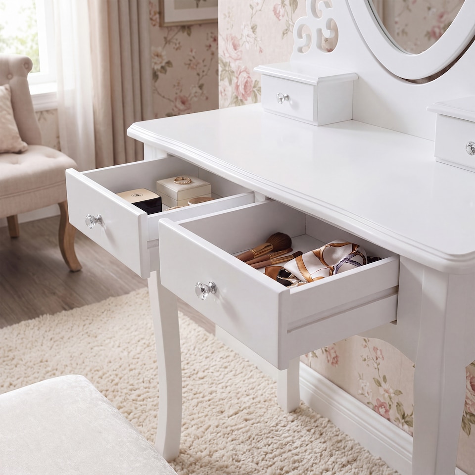 image 1 of Dressing Table with Heart Shaped Mirror and Stool Makeup Vanity Mirror Hollywood Table