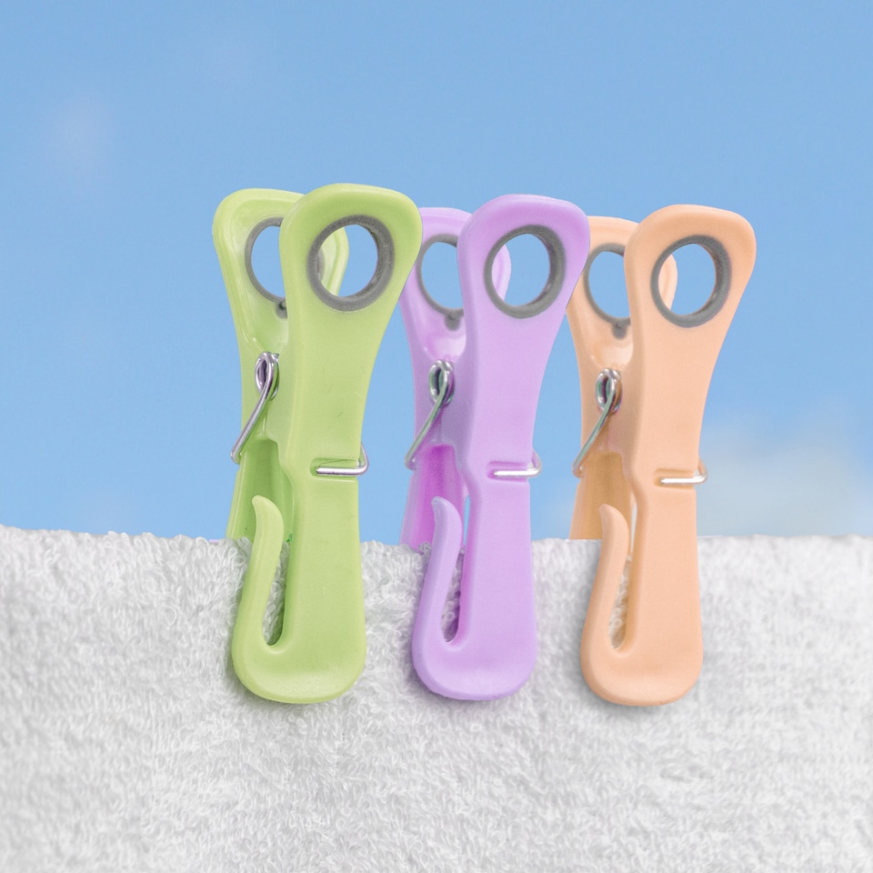 image 1 of JVL Grey Peg Basket with 48 Plastic Clip Clothes Pegs, Assorted Colours