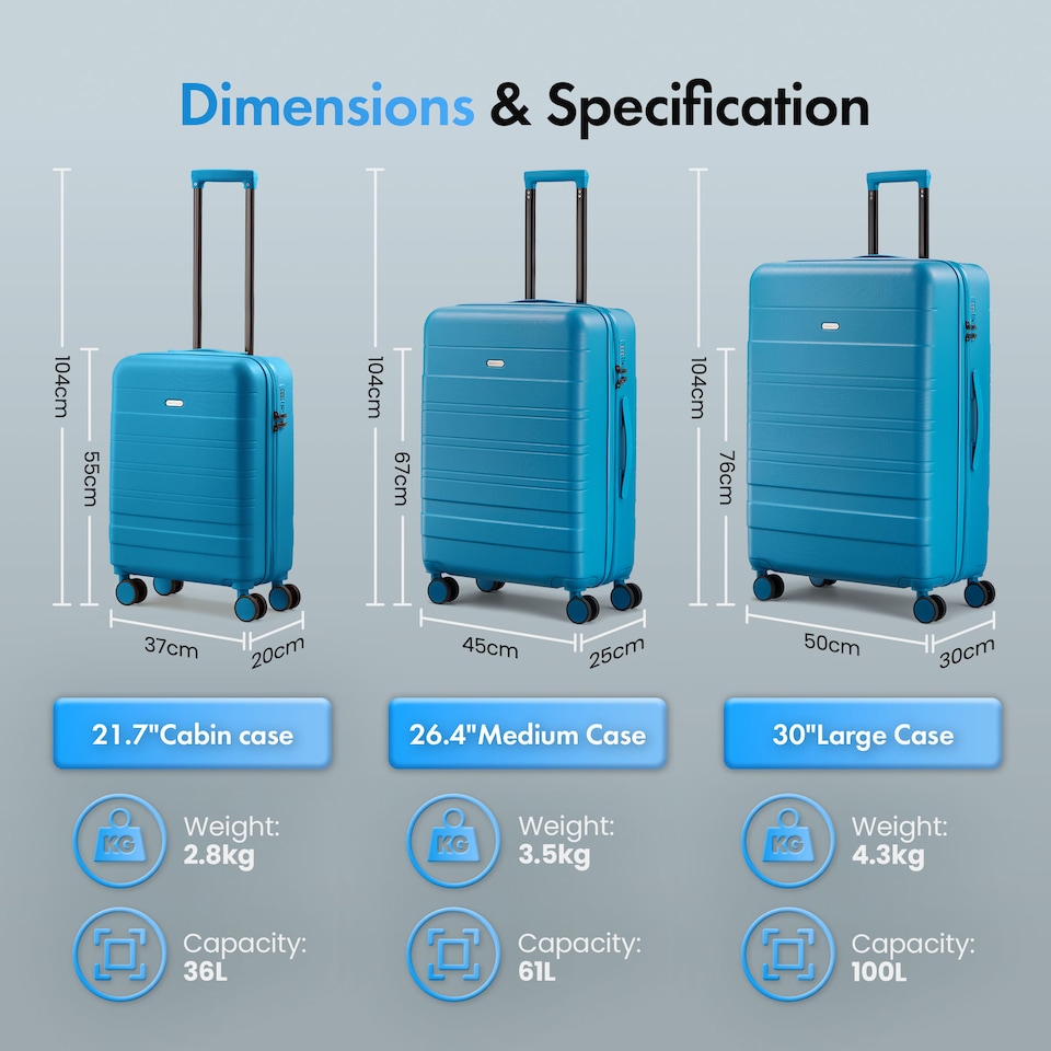 image 1 of Vonhaus Hard Shell Suitcase Set 3 Piece with TSA Lock | Blue | Teal