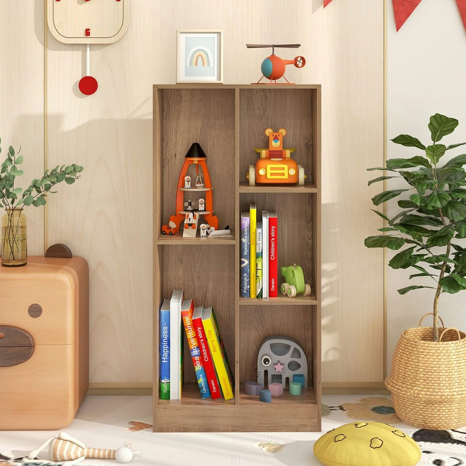 image 1 of COSTWAY 5-Cube Bookcase Wooden Storage Organizer White Yellow