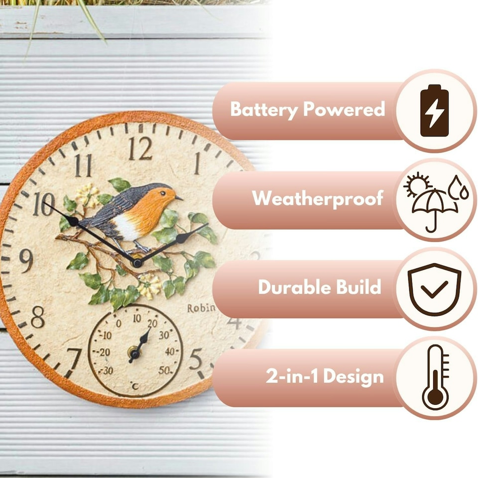 image 1 of Marco Paul 30cm Robin Garden Clocks with Thermometer N/A