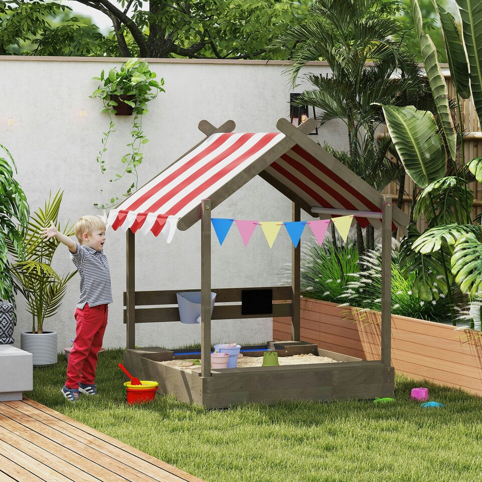 image 1 of Outsunny Sand Pit with Canopy, Blackboard, Toys, Sink, Seats, Flags for Kids