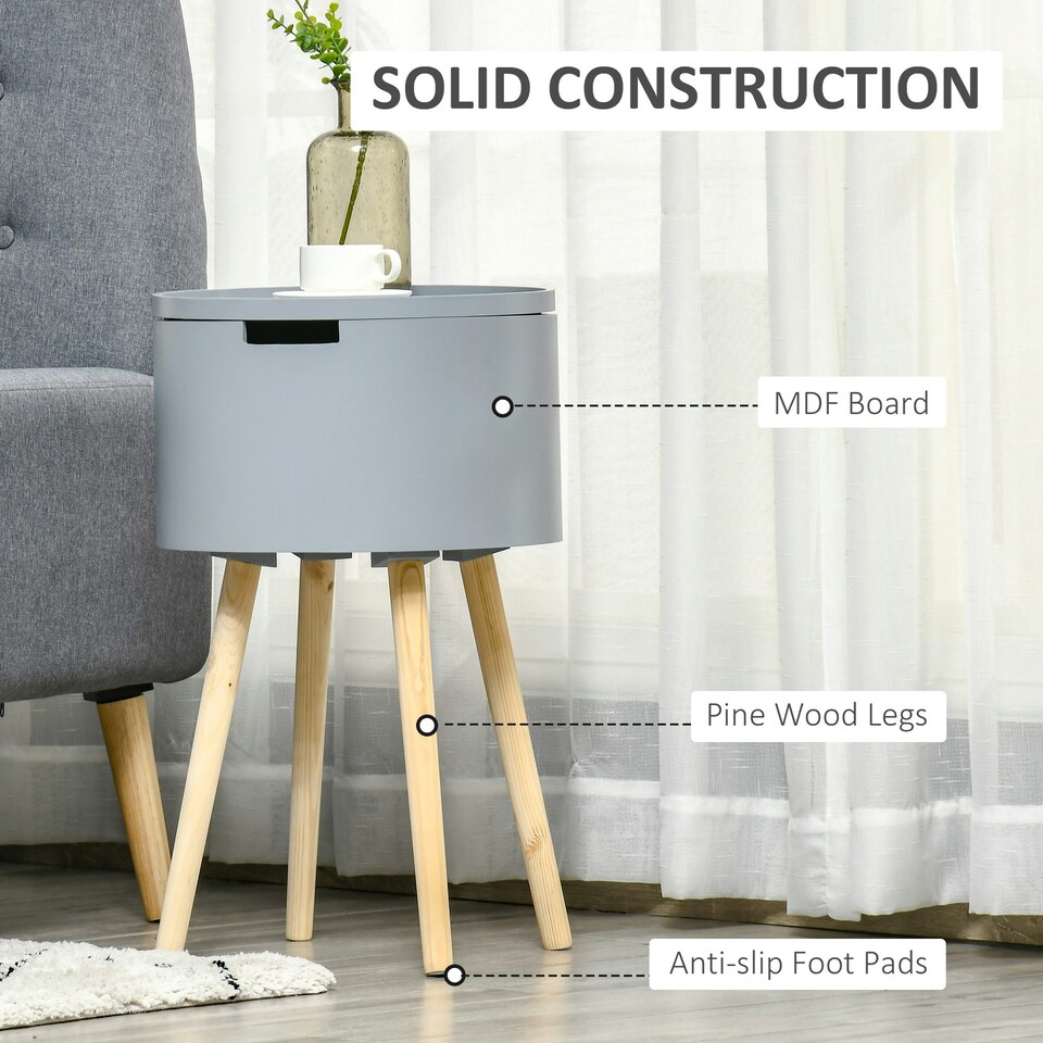 image 1 of Round Side Table Wood Nightstand with Hidden Storage Space Removable Tray Grey