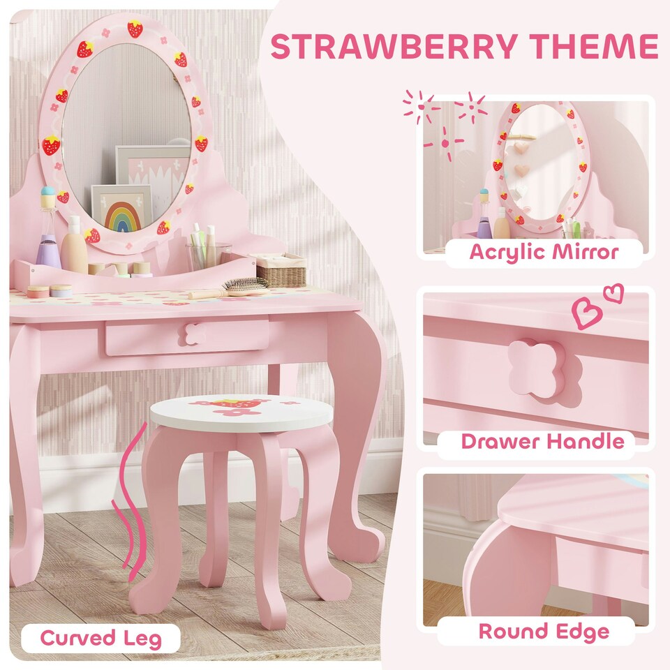 image 1 of AIYAPLAY Kids Dressing Table Set, Two-Piece Children Vanity Table with Stool | Pink