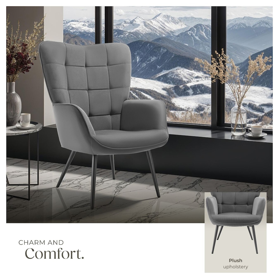 image 1 of Armchair Hygge - padded, armrests and ergonomic backrest, 150 kg load capacity | Grey | Fine cord anthracite/black | One Size | 1