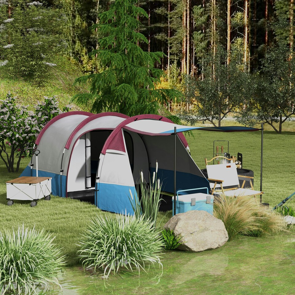 image 1 of Outsunny 2-3 Man Camping Tunnel Tent with Bedroom and Living Room 