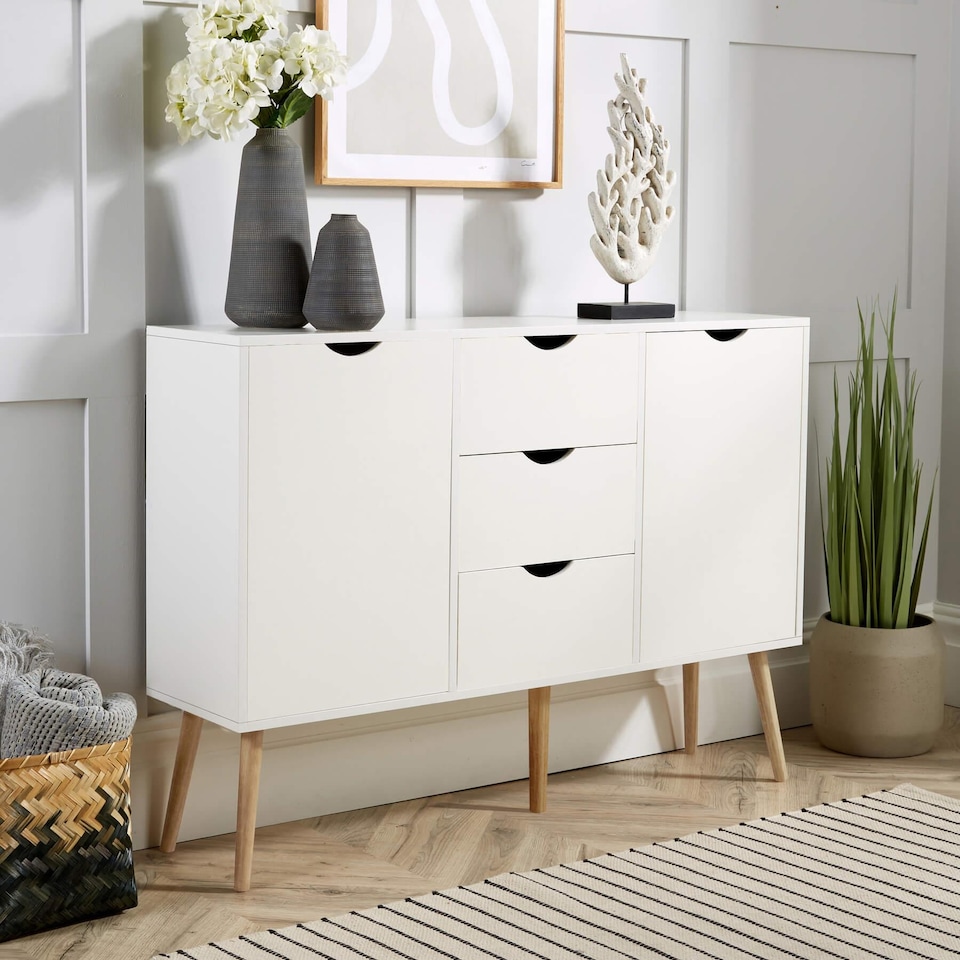 image 1 of Sideboard Storage Cabinet With Drawers Cupboard Solid Wood Legs | White