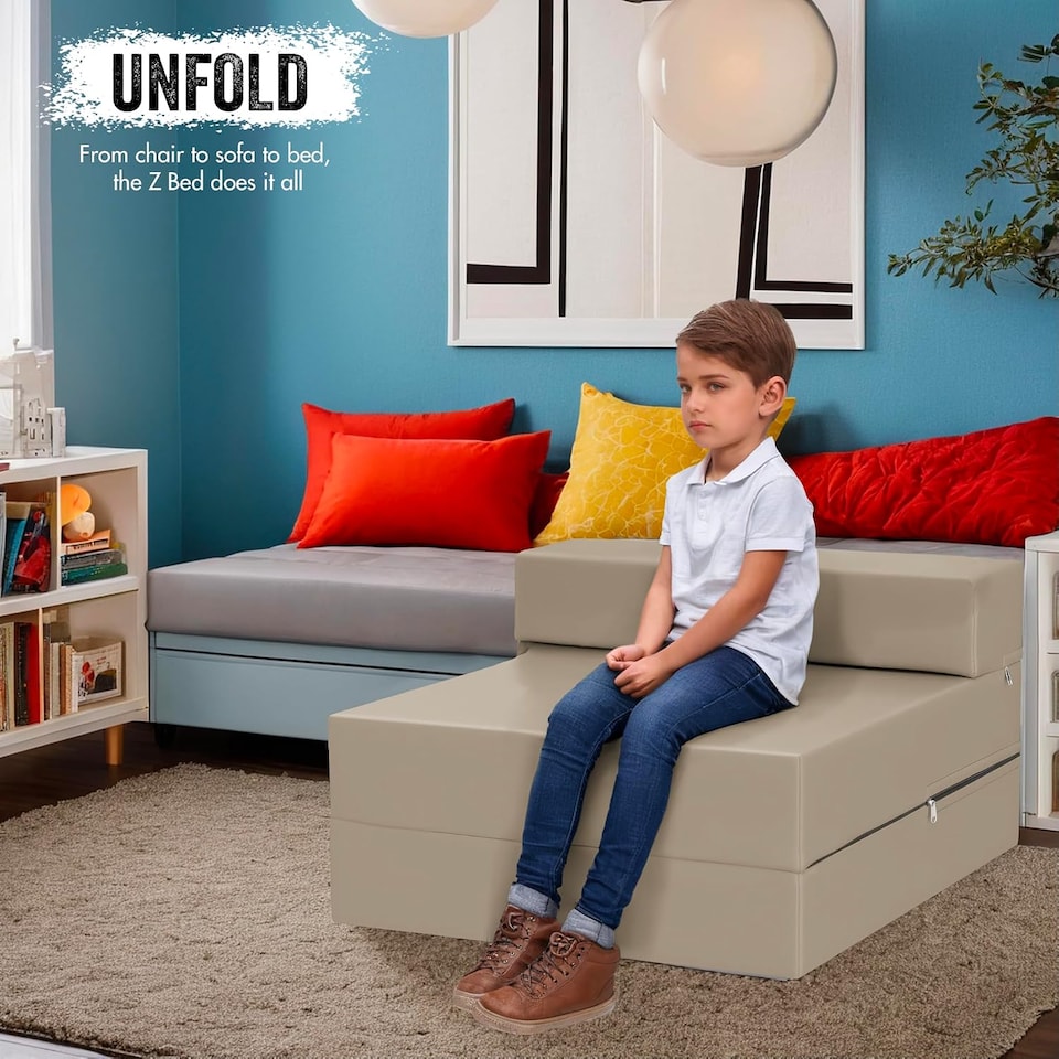 image 1 of Fold Out Single Z Bed Futon Sofa Chair Mattress Beige