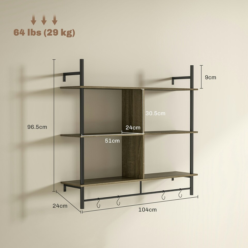 image 1 of HOMCOM Wall Shelf Unit with 4 Hooks for Living Room Grey Wood Effect