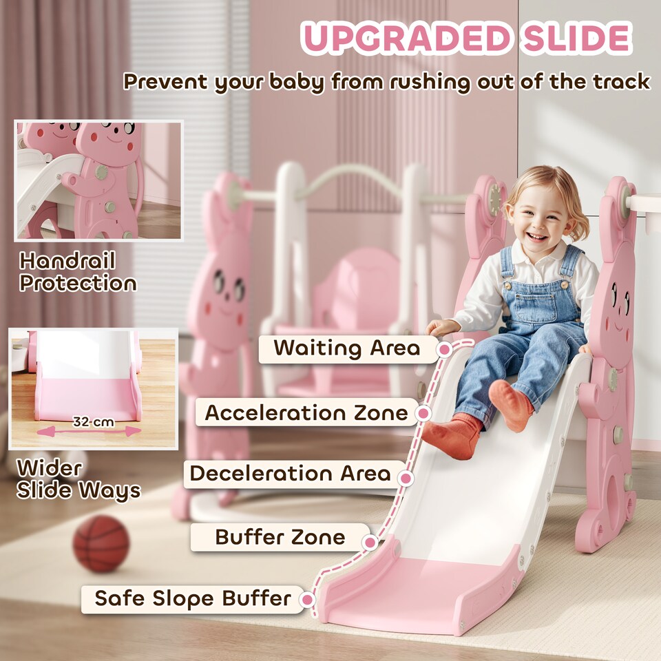 image 1 of AIYAPLAY 4 in 1 Kids Slide and Swing Set with Climber, Basketball Hoop, Pink