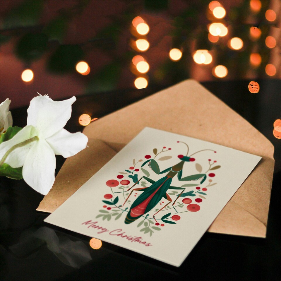 image 1 of Christmas Card Modern Scandi Pattern Festive Praying Mantis
