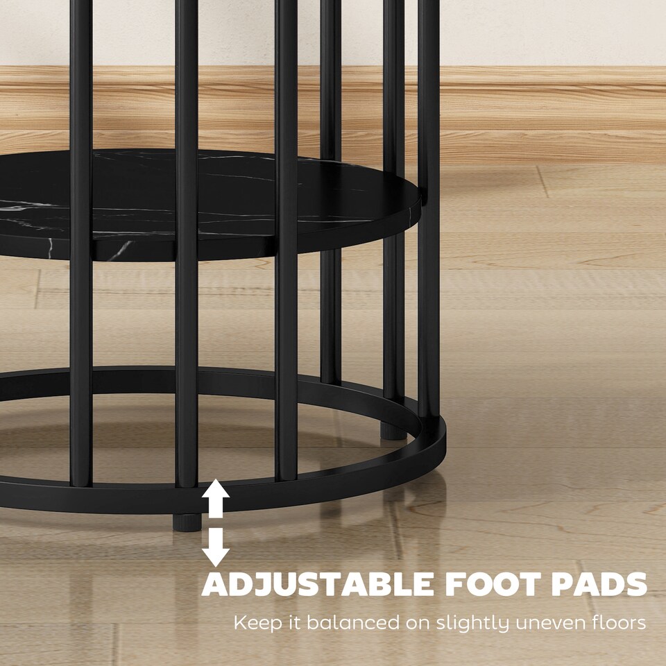 image 1 of HOMCOM Round Coffee Table Set of 2, Marble-Effect Side Tables with Storage Open Shelf and Steel Frame for Living Room, Bedroom, Black Marble Effect