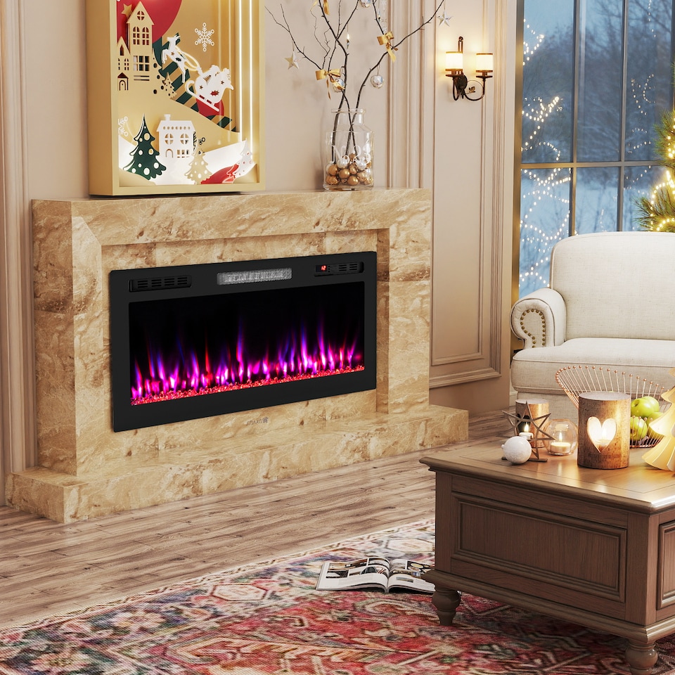 image 1 of COSTWAY 750W/1500W Recessed/Wall-Mounted Fireplace Black