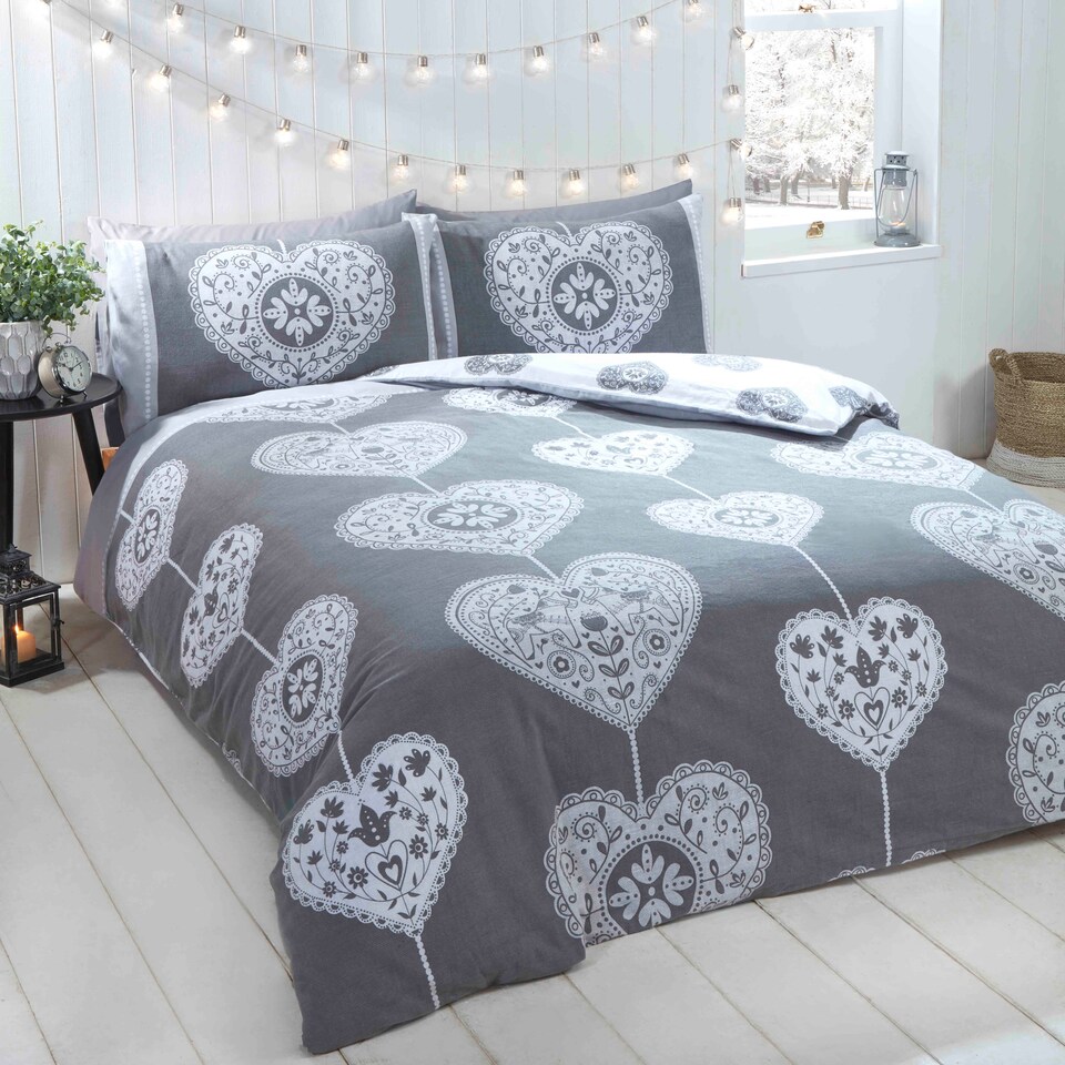 Scandi Heart BC Duvet Cover Set with Pillowcase | Grey | Double