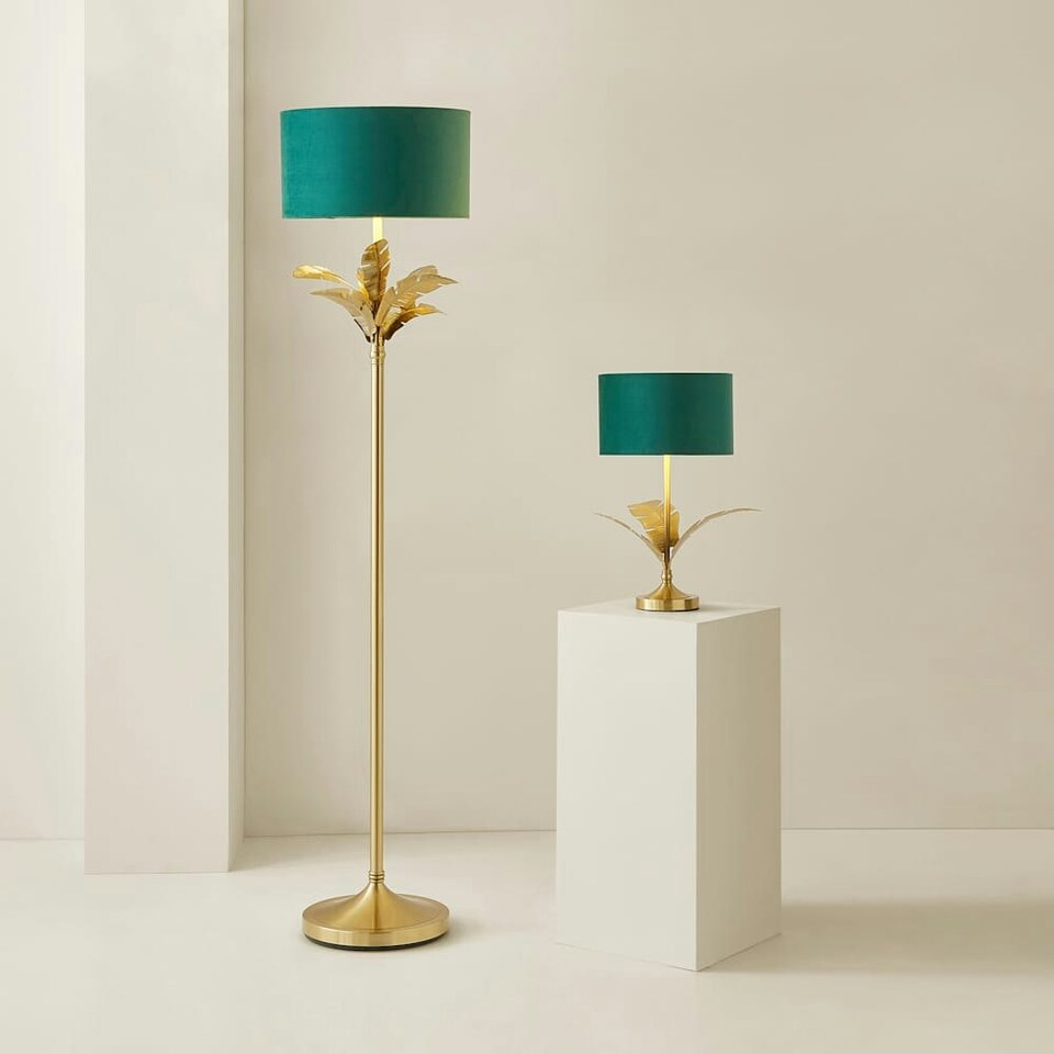 image 1 of ValueLights Christina Green Velvet with Gold Inner Drum Shade Gold Palm Leaf Table Lamp Gold