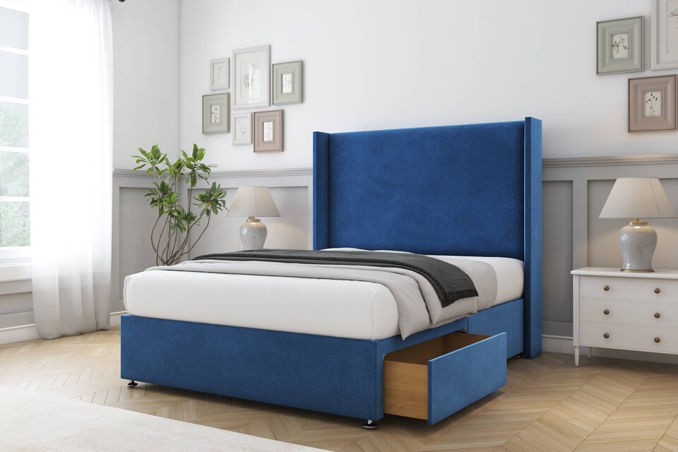 image 1 of Sloomy Devonshire Navy Plush Divan Bed Base 2 Drawers Foot-End With 54 Inch Wingback Headboard | Blue | Navy | Small Double | 1