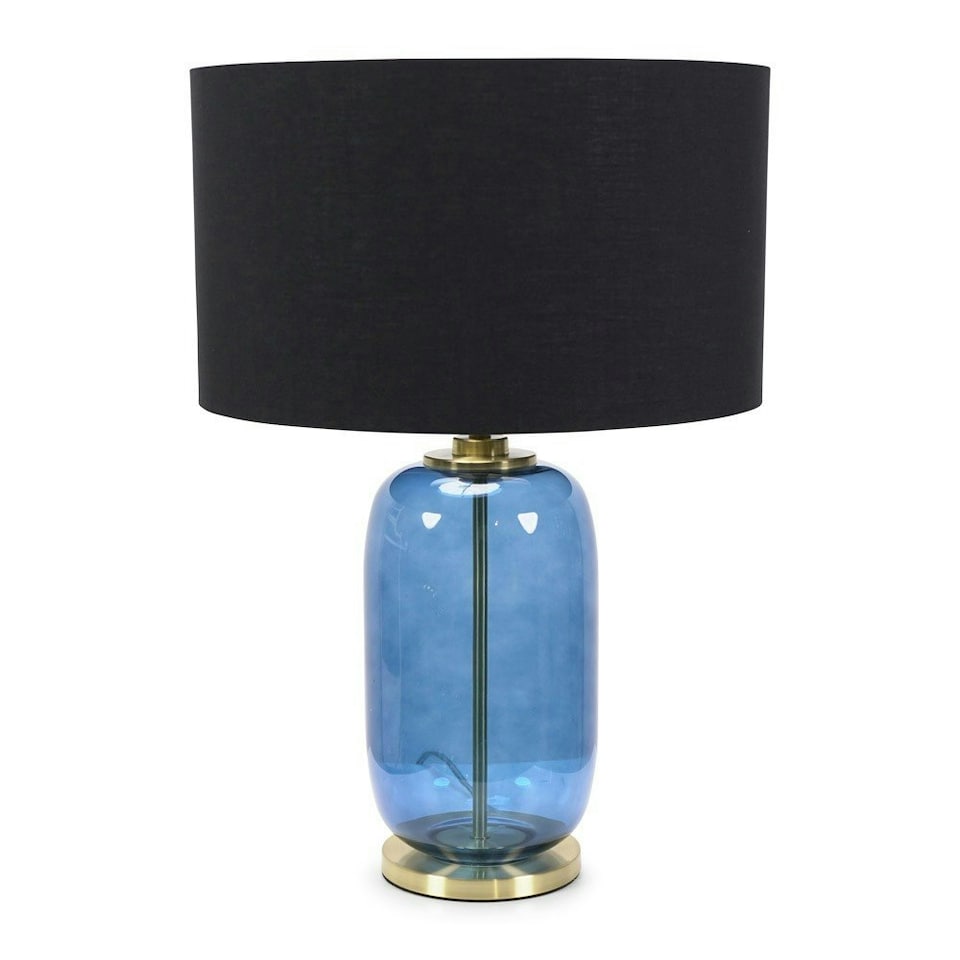 image 1 of ValueLights Leigh Navy Blue Glass and Gold Detail Table Lamp with Black Drum Shade