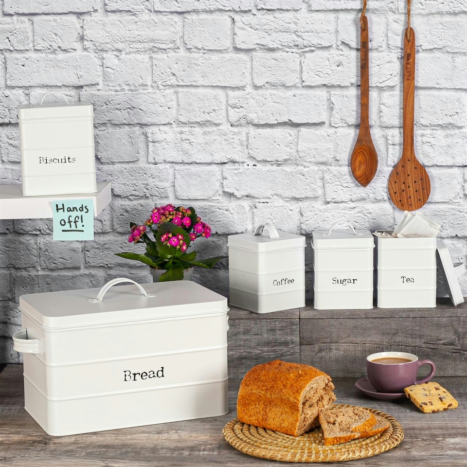 image 1 of Harbour Housewares 4 Piece White Vintage Metal Kitchen Canisters Set Utility Storage Utility Containers Storage Box Storage Container