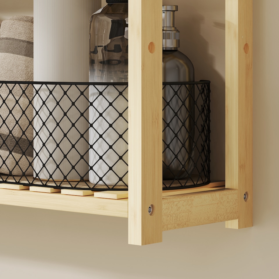 image 1 of HOMCOM 3-Tier Bamboo Bathroom Storage Shelf, Wall-Mounted or Stand, Display Stand Shelving Unit with Adjustable Rack for Kitchen Bathroom Living Room, Natural