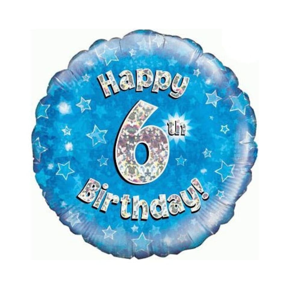 Blue Happy 6th Birthday Holographic Round Foil Helium Balloon 46cm / 18 in