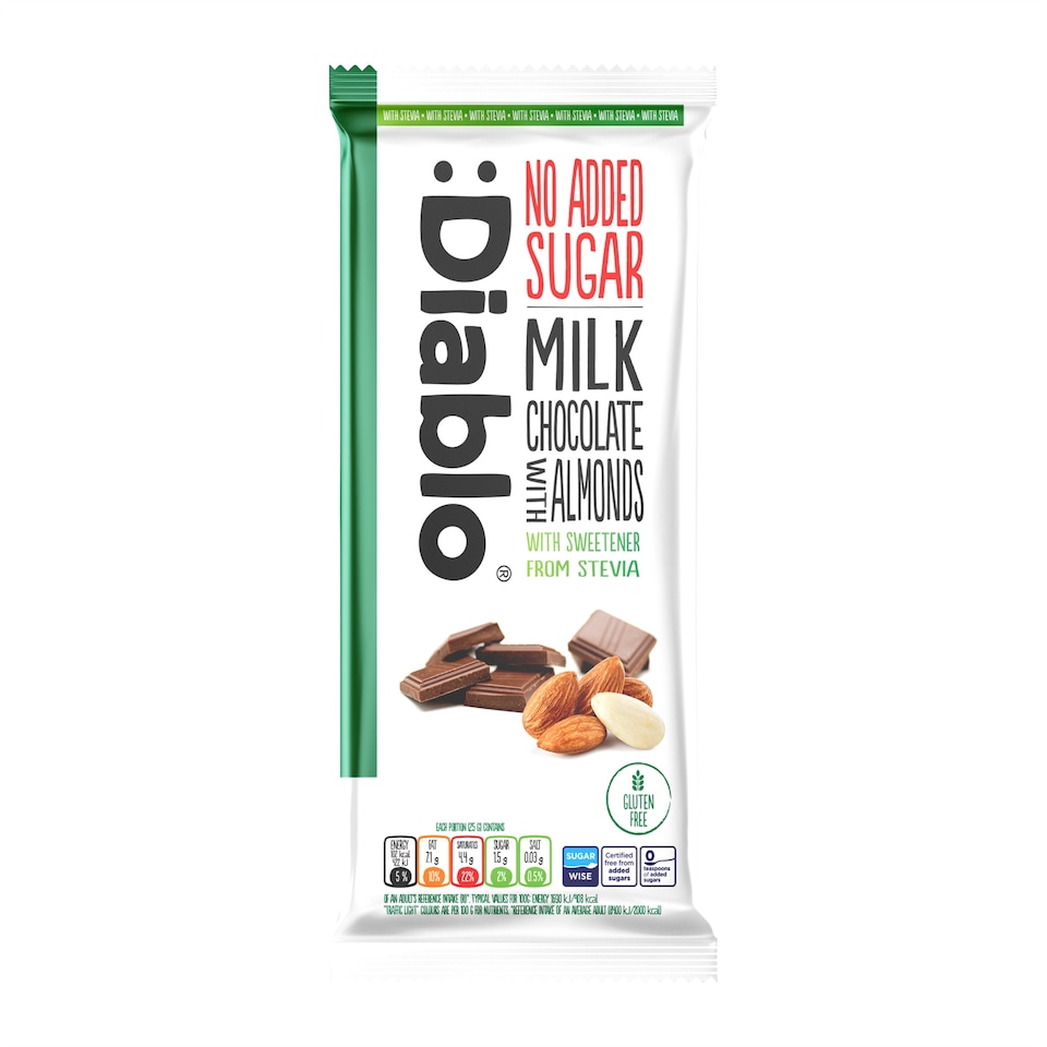 image 1 of Diablo No Added Sugar Milk Chocolate with Almonds 75g