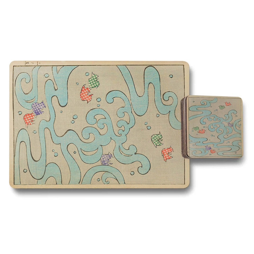 image 1 of 12 Piece Placemat And Coaster Set With Designer Artwork And Wood Bottom