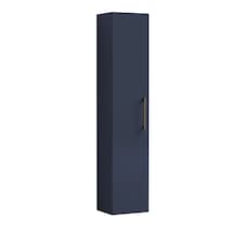 Modern Bathroom Wall Hung 1 Door Tall Storage Unit -Satin Dark Blue with Brushed Brass Handle, 1433 x 300 x 235mm | Blue | Midnight Blue | 253 x 300 x 1433mm