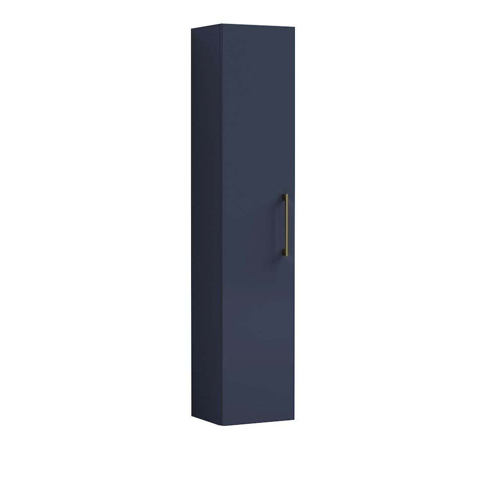 Modern Bathroom Wall Hung 1 Door Tall Storage Unit -Satin Dark Blue with Brushed Brass Handle, 1433 x 300 x 235mm | Blue | Midnight Blue | 253 x 300 x 1433mm
