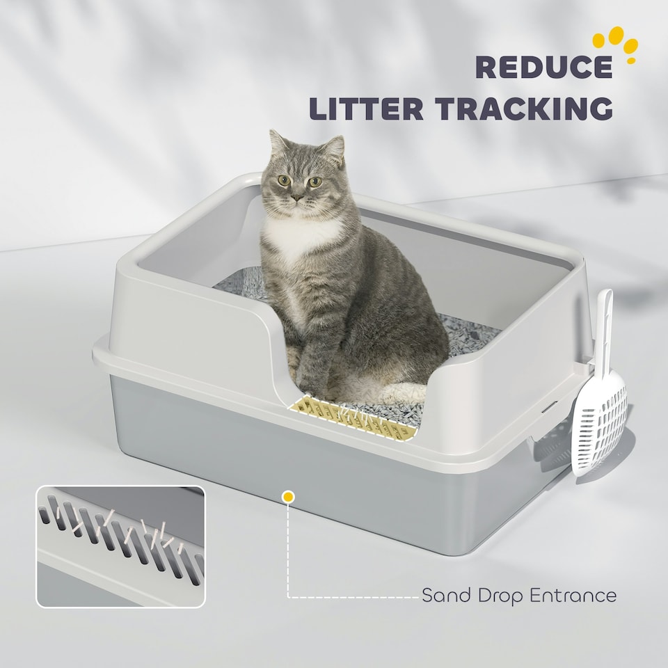 image 1 of PawHut Stainless Steel Litter Box, High Sided Metal Cat Litter Tray w/ Scoop Grey