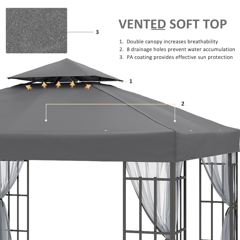 image 1 of Outsunny 3 x 3m Patio Gazebo Canopy Garden Pavilion Tent Shelter with 2 Tier Roof and Mosquito Netting, Steel Frame, Grey