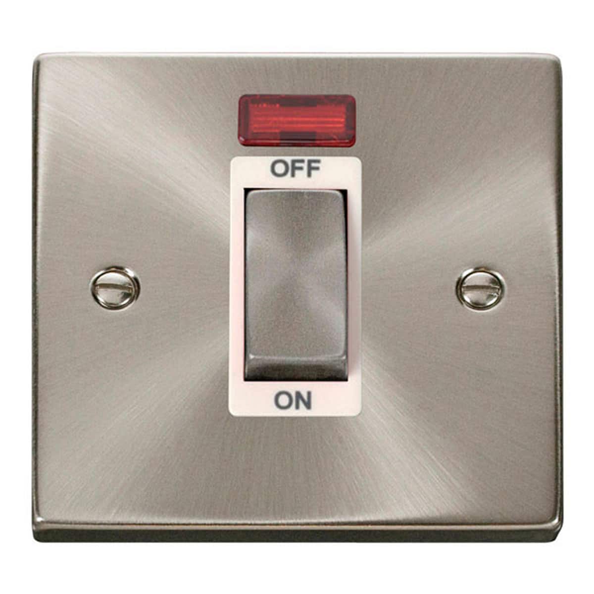 SE Home Satin / Brushed Chrome 1 Gang Ingot Size 45A Switch With Neon in Metallic Silver