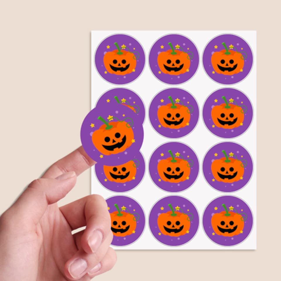 image 1 of Pumpkin Purple Halloween Round Stickers 60mm - Sheet of 12