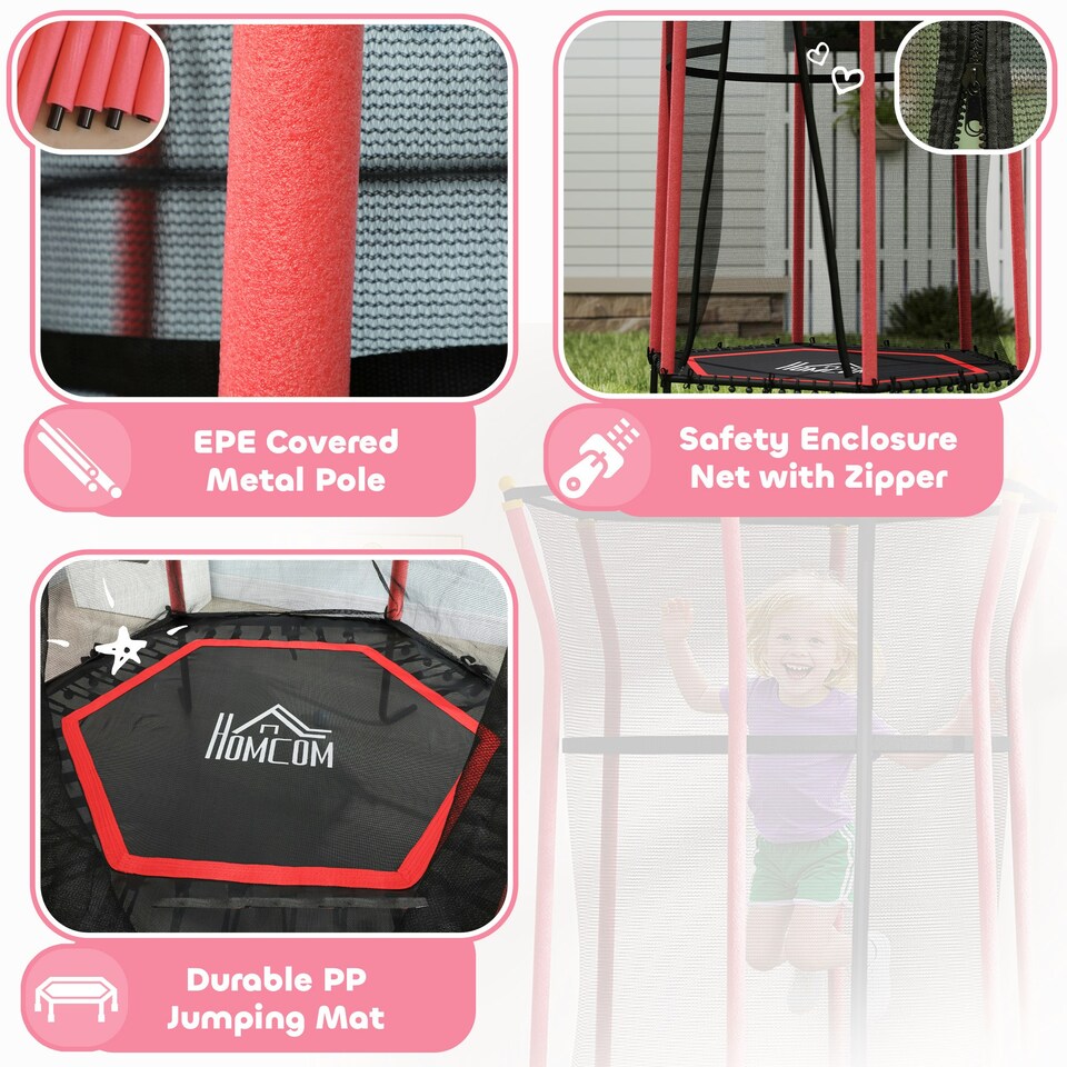 image 1 of HOMCOM 5.4FT Kids Trampoline w/ Enclosure Indoor Outdoor for 3-10 Years Red