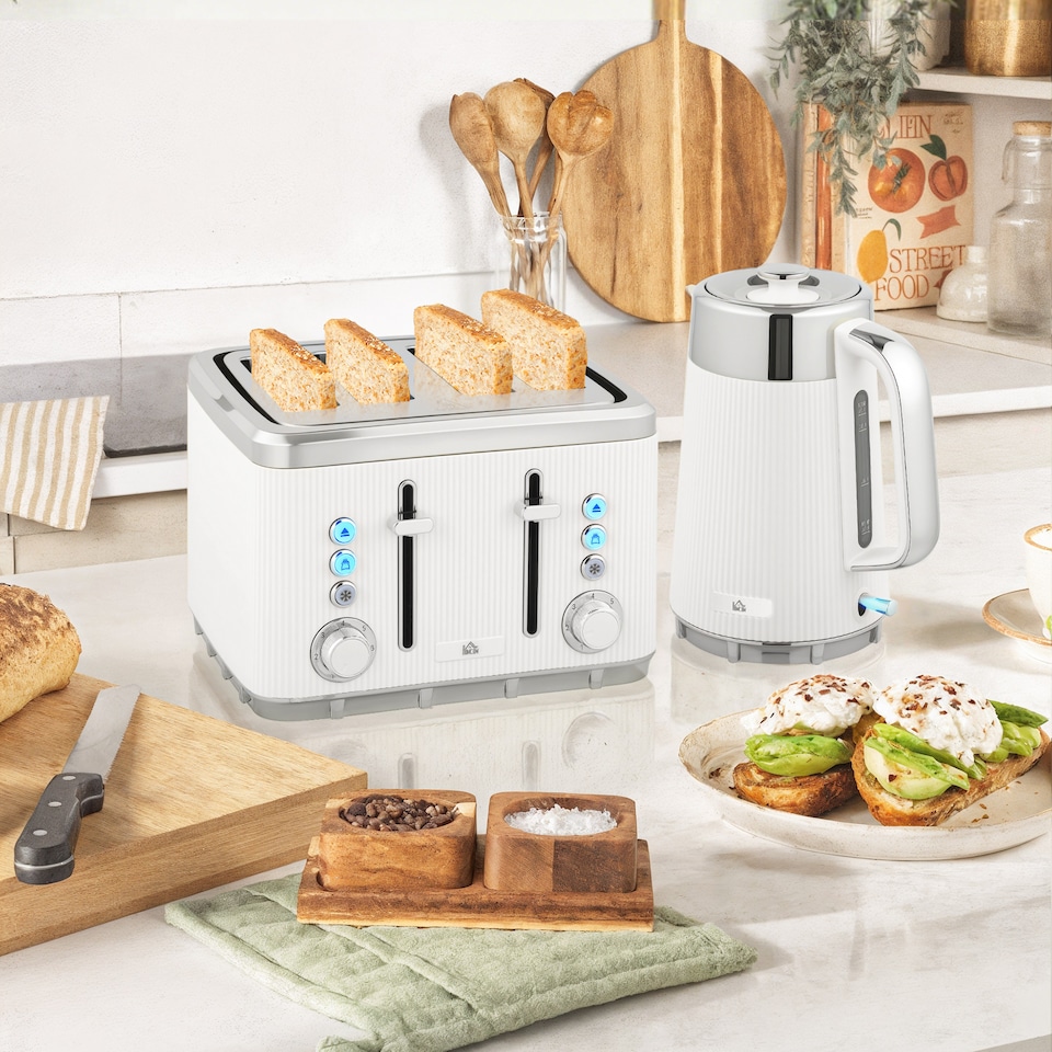 image 1 of HOMCOM 1.7L 3000W Rapid Boil Kettle and 4 Slice Toaster Set Crumb Tray White | White