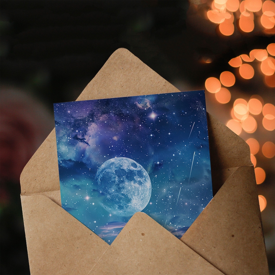 image 1 of Greeting Card Dreamy Full Moon Star Night Sky Surreal Starscape