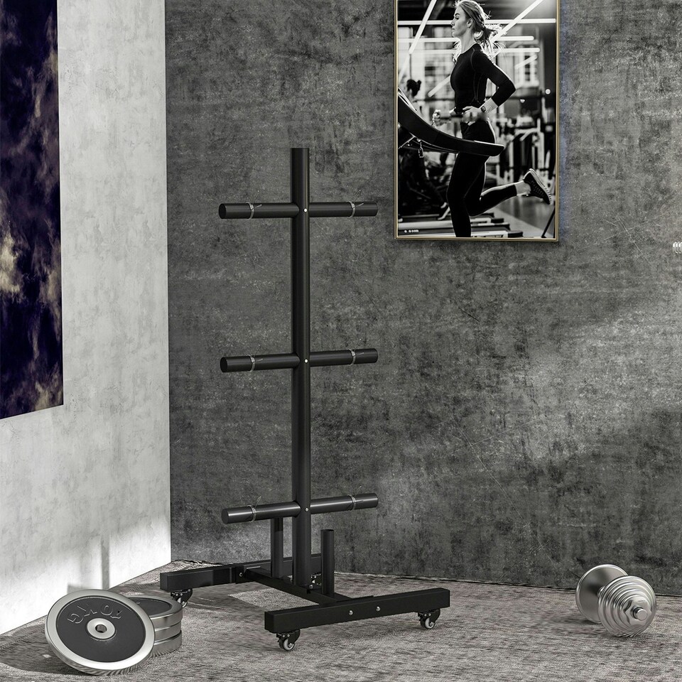 image 1 of SPORTNOW Olympic Weight Plate Rack with 4 Wheels and 6 Fasten Clamps