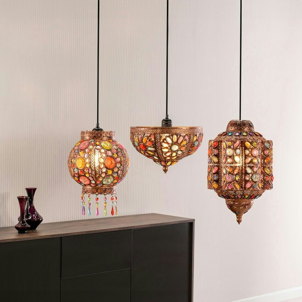 image 1 of ValueLights Leyla Large Bronze Lantern Ceiling Light Shade with Multi Coloured Jewels